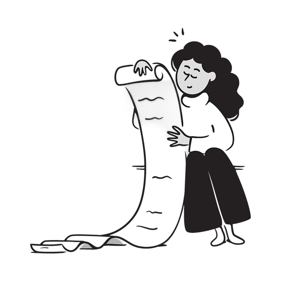 Illustration of a person reviewing a long list of domain sales